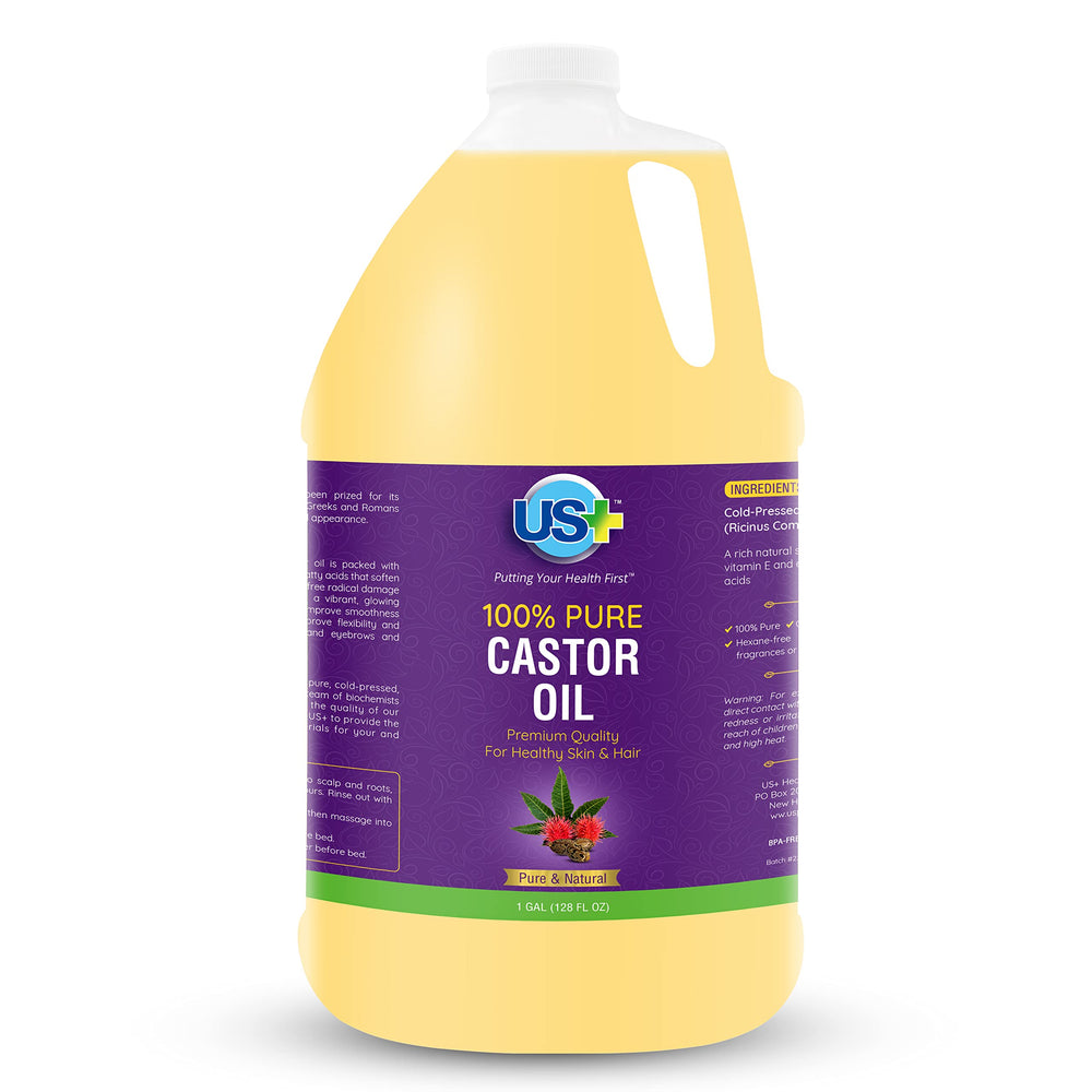 US+ castor oil gallon front label showing purity and USP grade benefit
