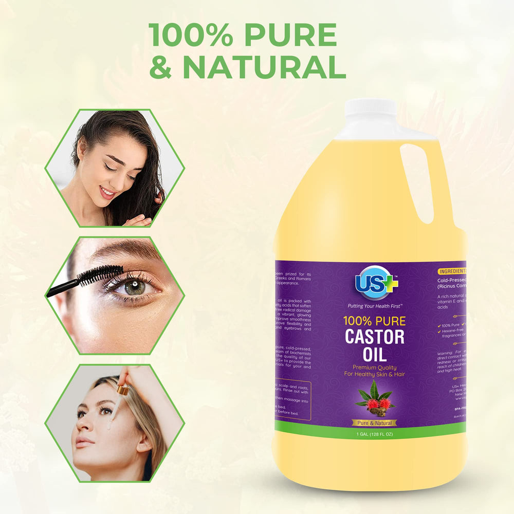 US+ castor oil pouring into spoon to show control and easy dispensing benefit