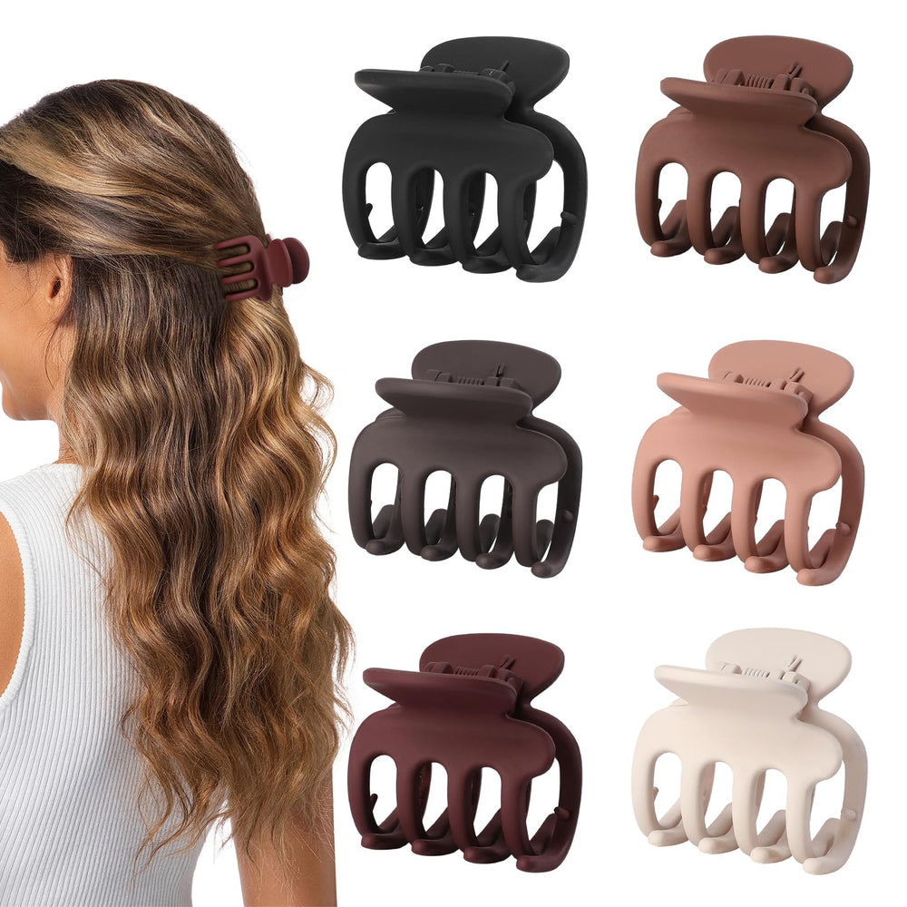 USDNICE front view of six small claw clips showing brown and scarlet colors and neat packaging for gifting