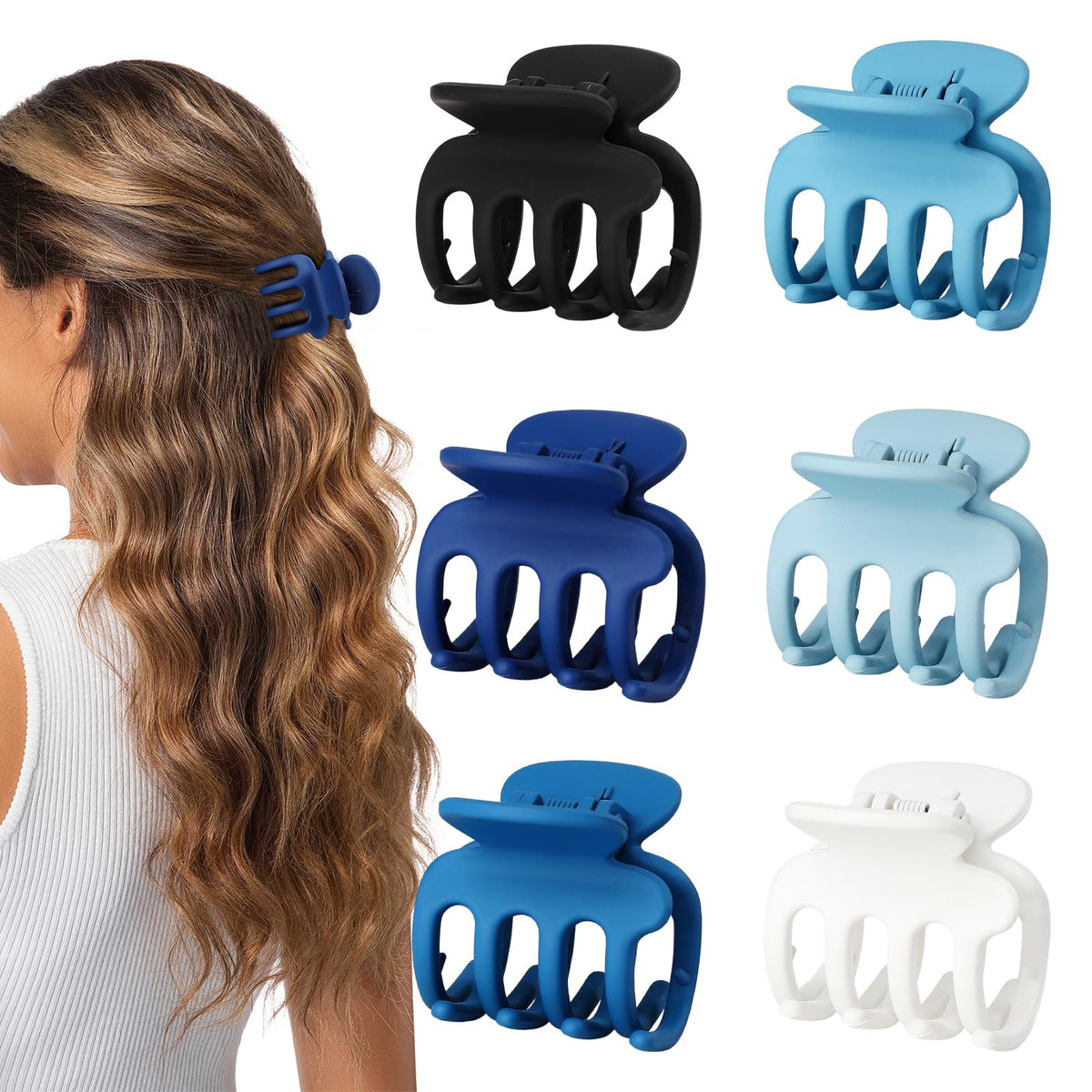 USDNICE front view of six small claw clips showing compact design and color variety