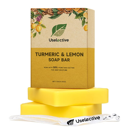 Uselective front pack showing lemon and turmeric benefits and brightening effect