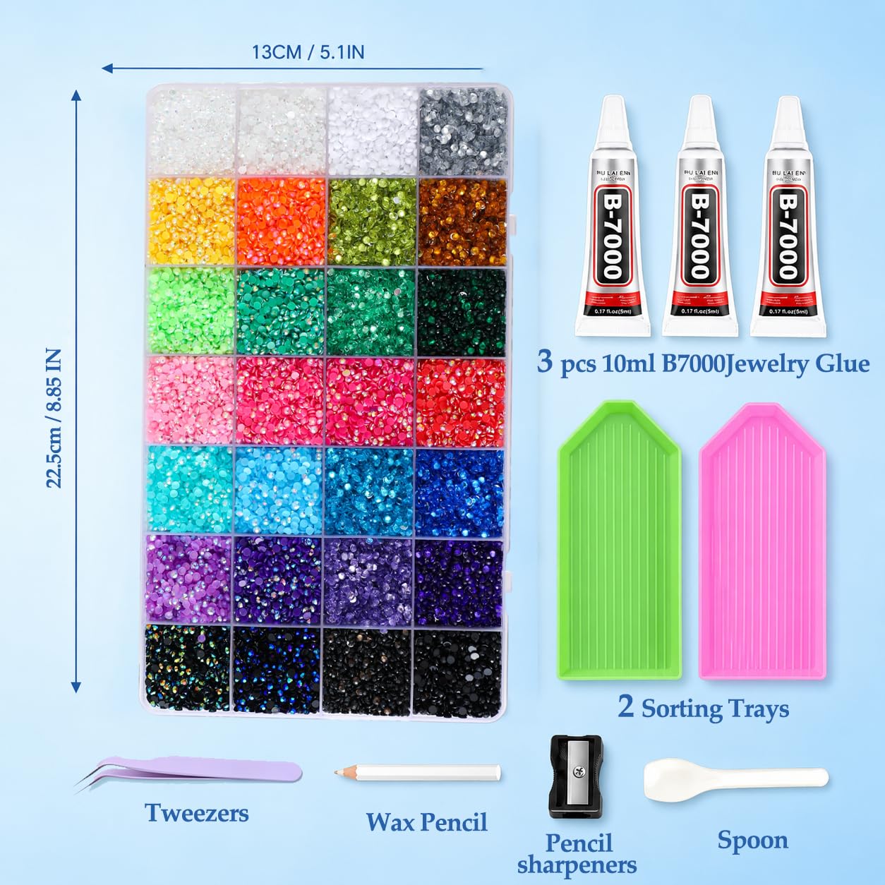 USLVL close-up of 28-color resin gems demonstrating bright AB coating for vivid shine
