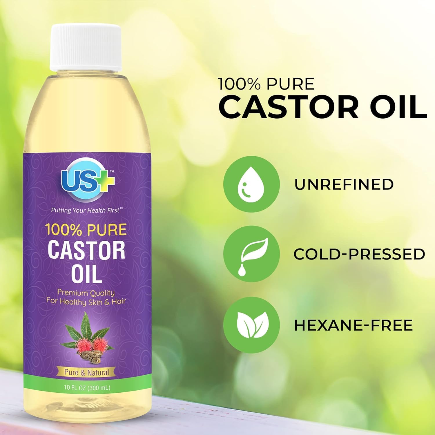 US+ castor oil drop highlighting thick texture and moisturizing benefit