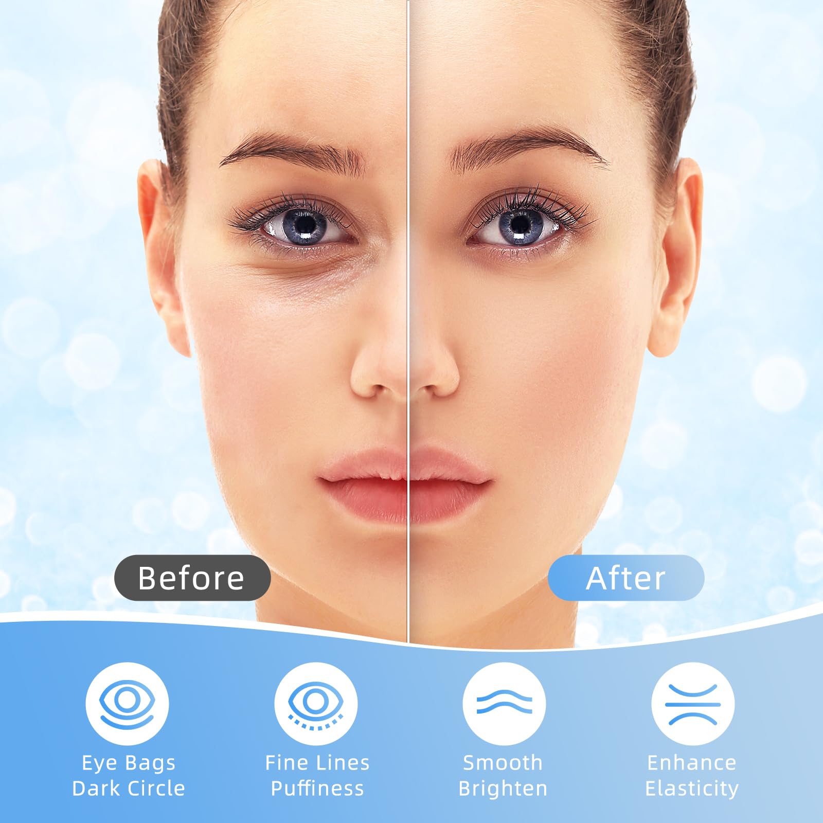 USTELIR patch applied under eye demonstrating easy placement and instant refresh effect