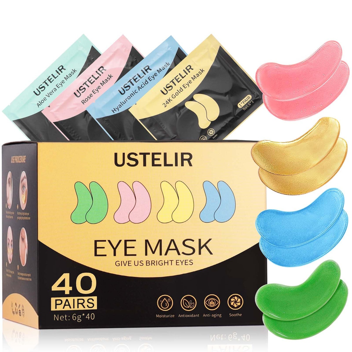 USTELIR front packaging showing the four patch variants and benefits
