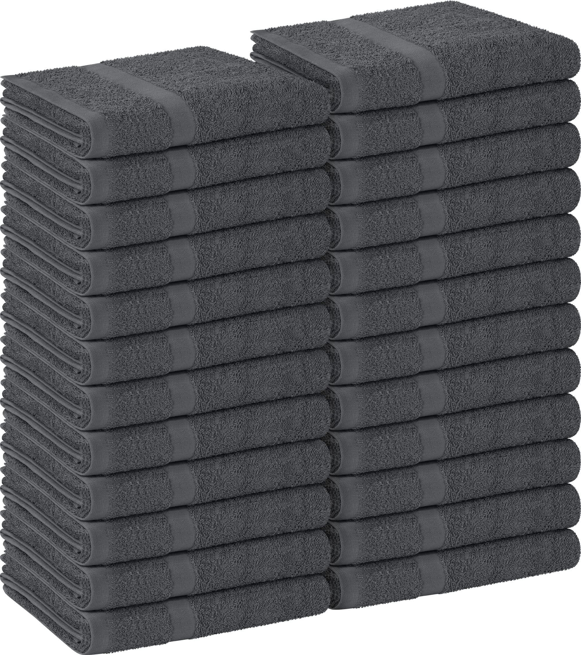 Utopia Towels front pack of 24 grey towels showing quantity and neat stacking benefit