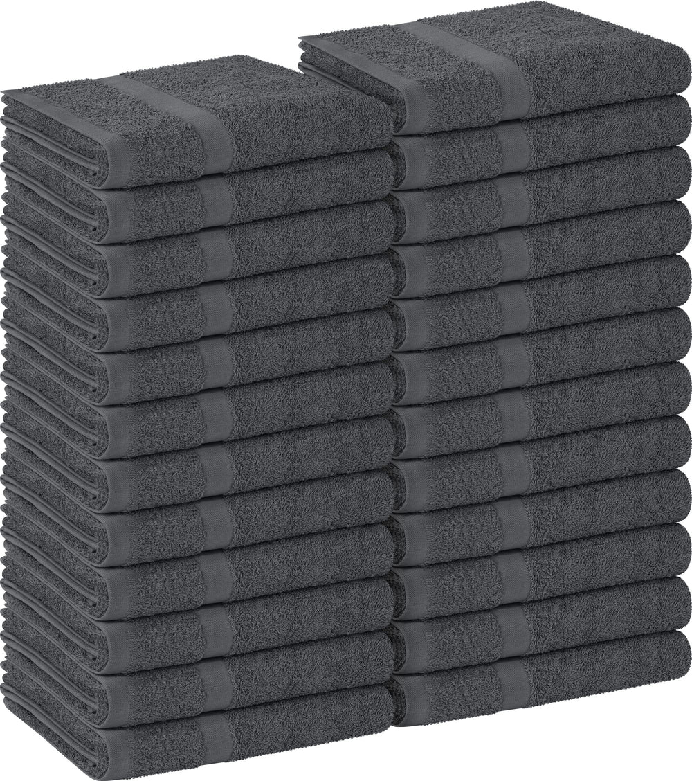 Utopia Towels front pack of 24 grey towels showing quantity and neat stacking benefit