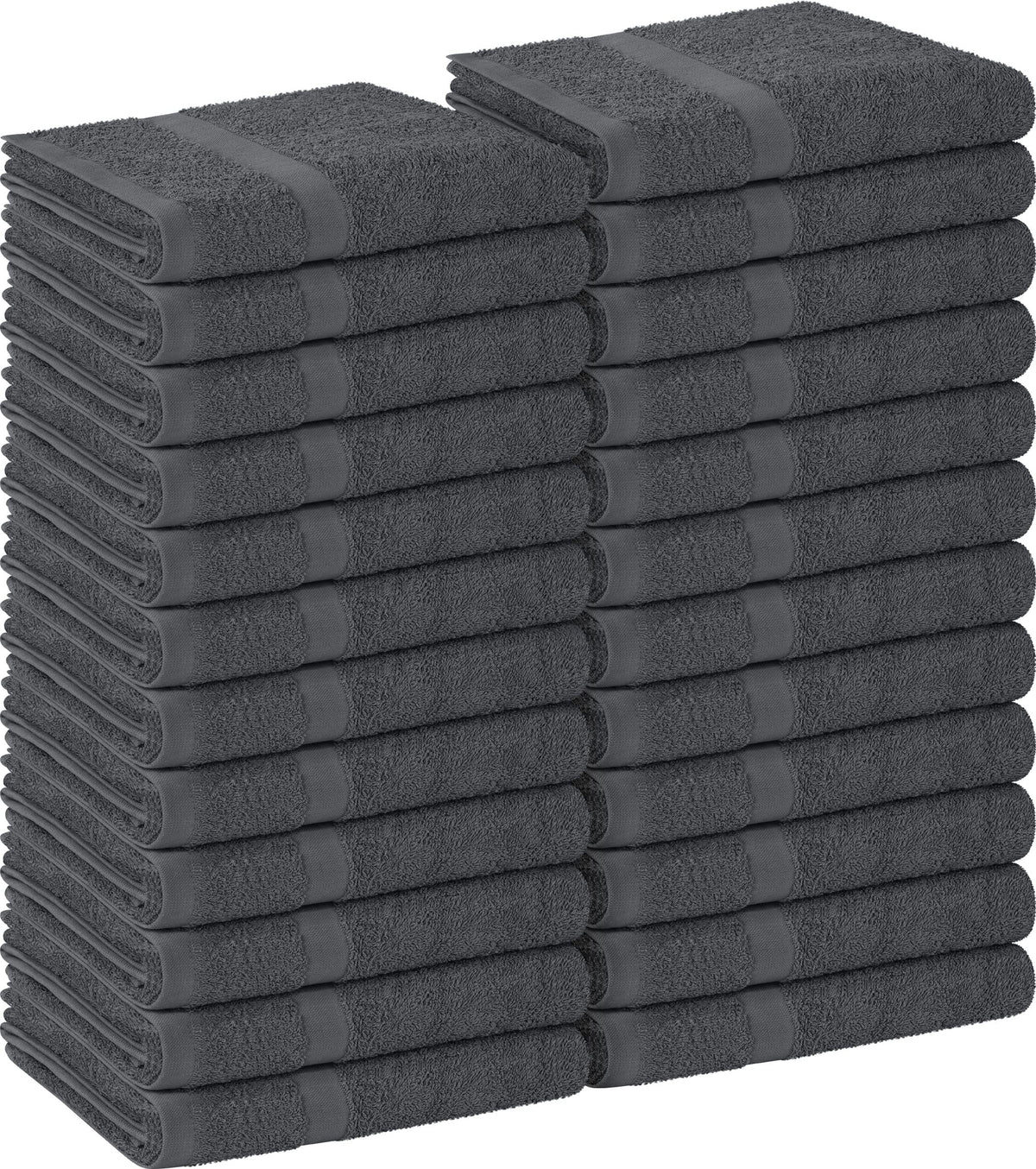 Utopia Towels front pack of 24 grey towels showing quantity and neat stacking benefit