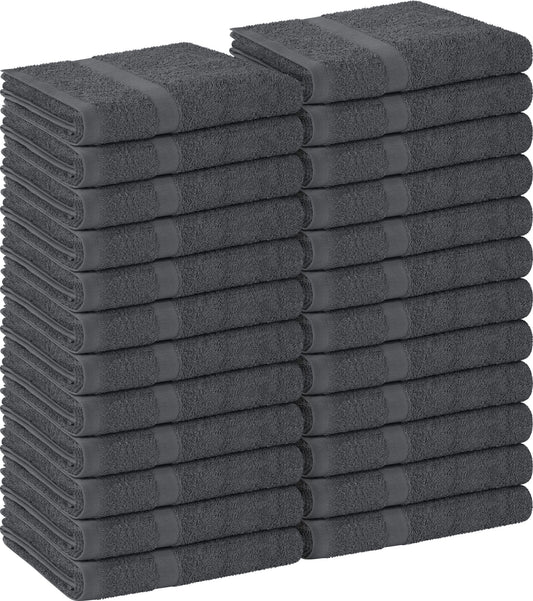 Utopia Towels front pack of 24 grey towels showing quantity and neat stacking benefit