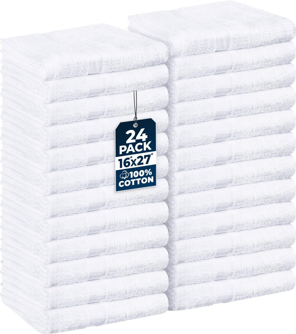 Utopia Towels front packaging showing 24 white salon towels, professional value
