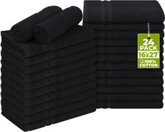 Utopia Towels front stack of black salon towels showing professional supply benefit
