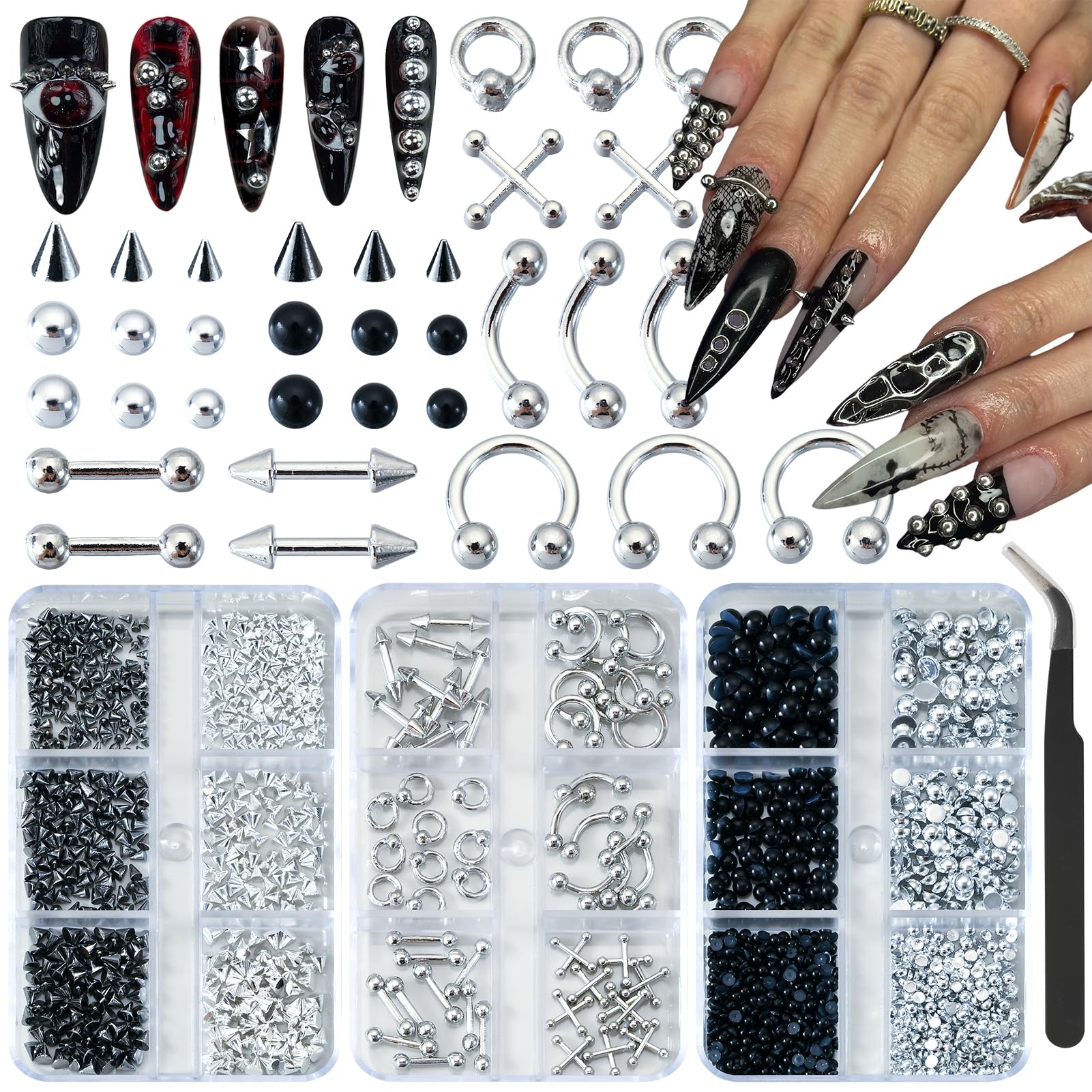 UWETIME front packaging showing three goth nail charms boxes, organized storage benefit