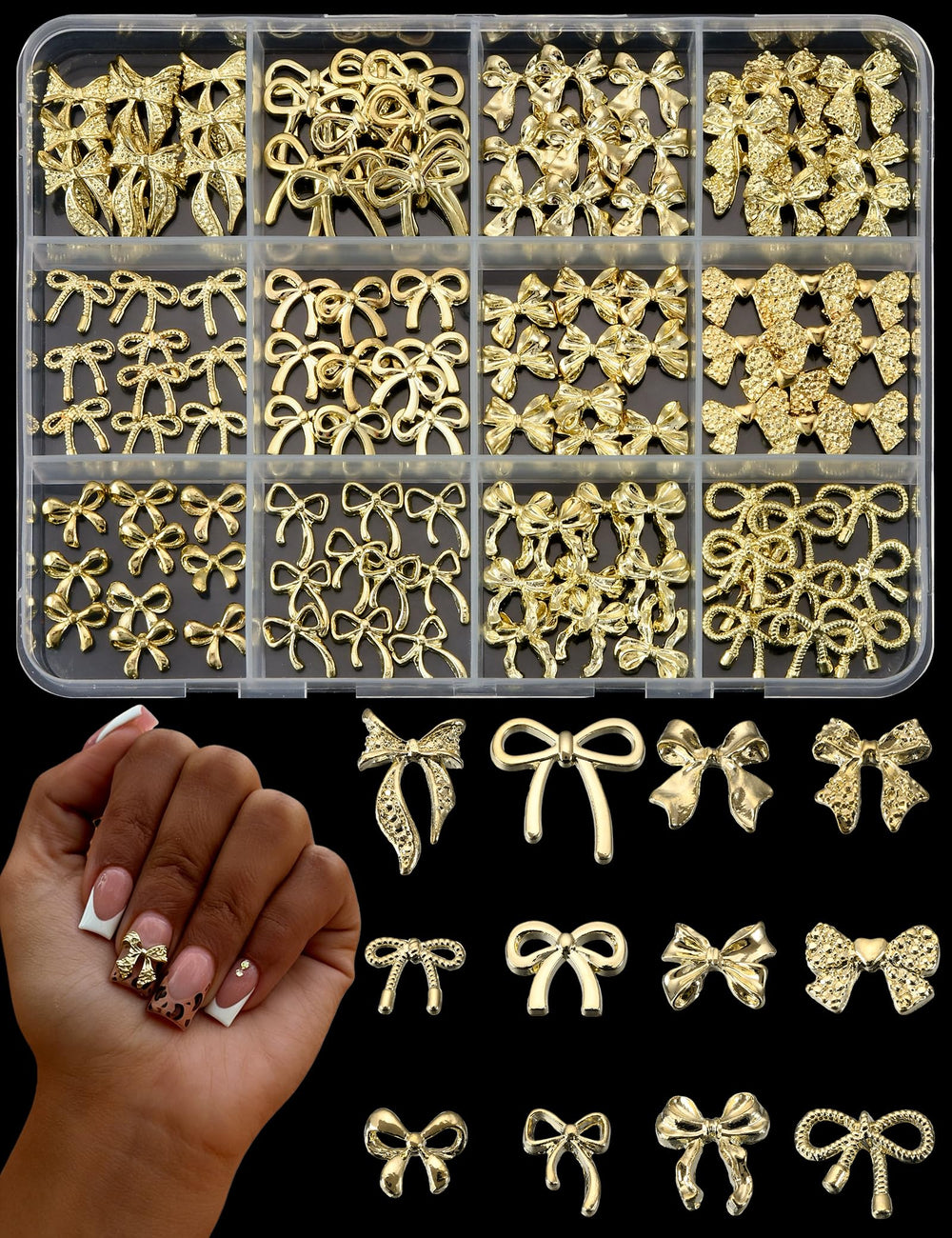 UWETIME boxed gold bows front view showing organized compartments and benefit of quick access