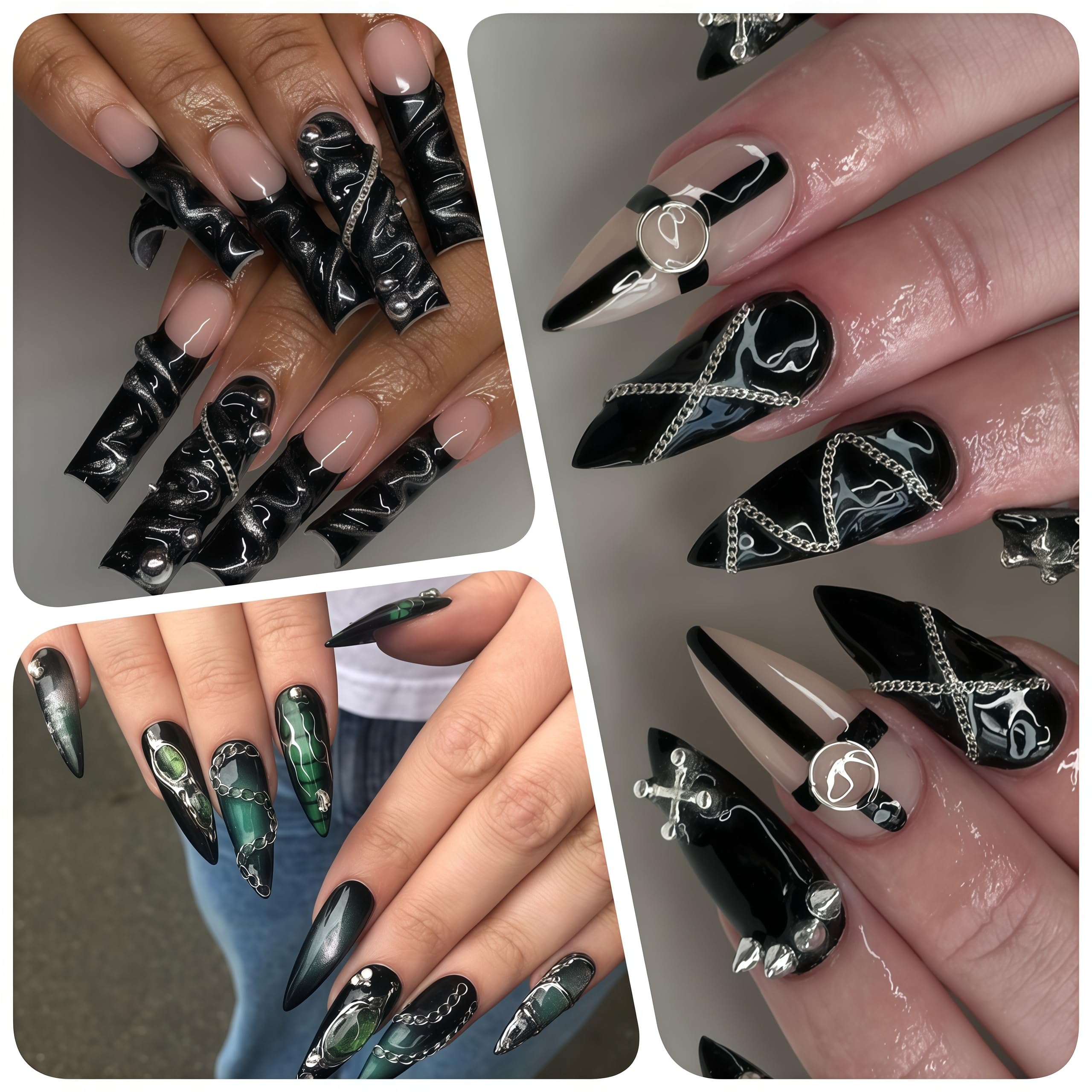 UWETIME manicured nails with gold chain accent, elegant sparkle for special events