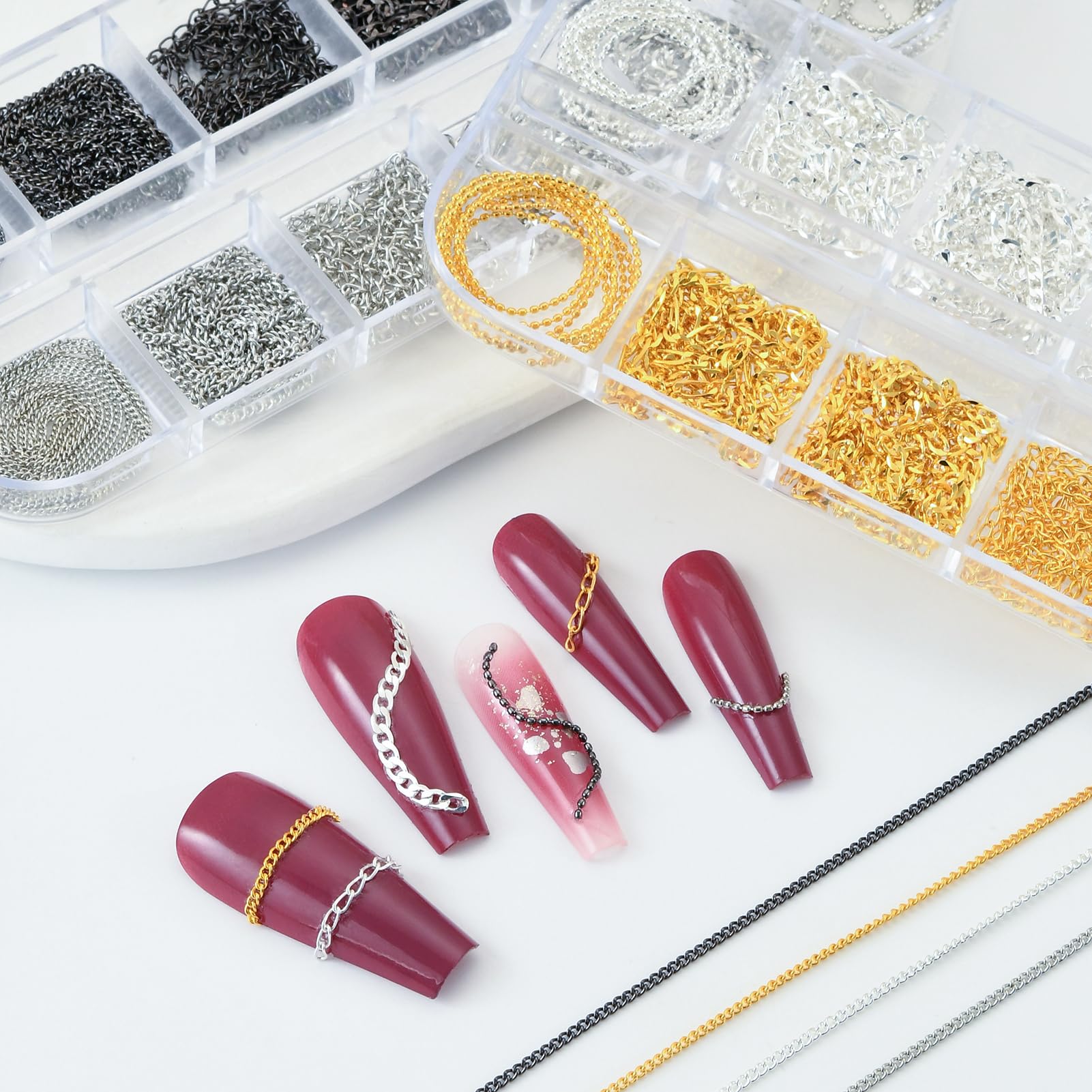UWETIME tweezers placing chain on nail, precise application for clean results