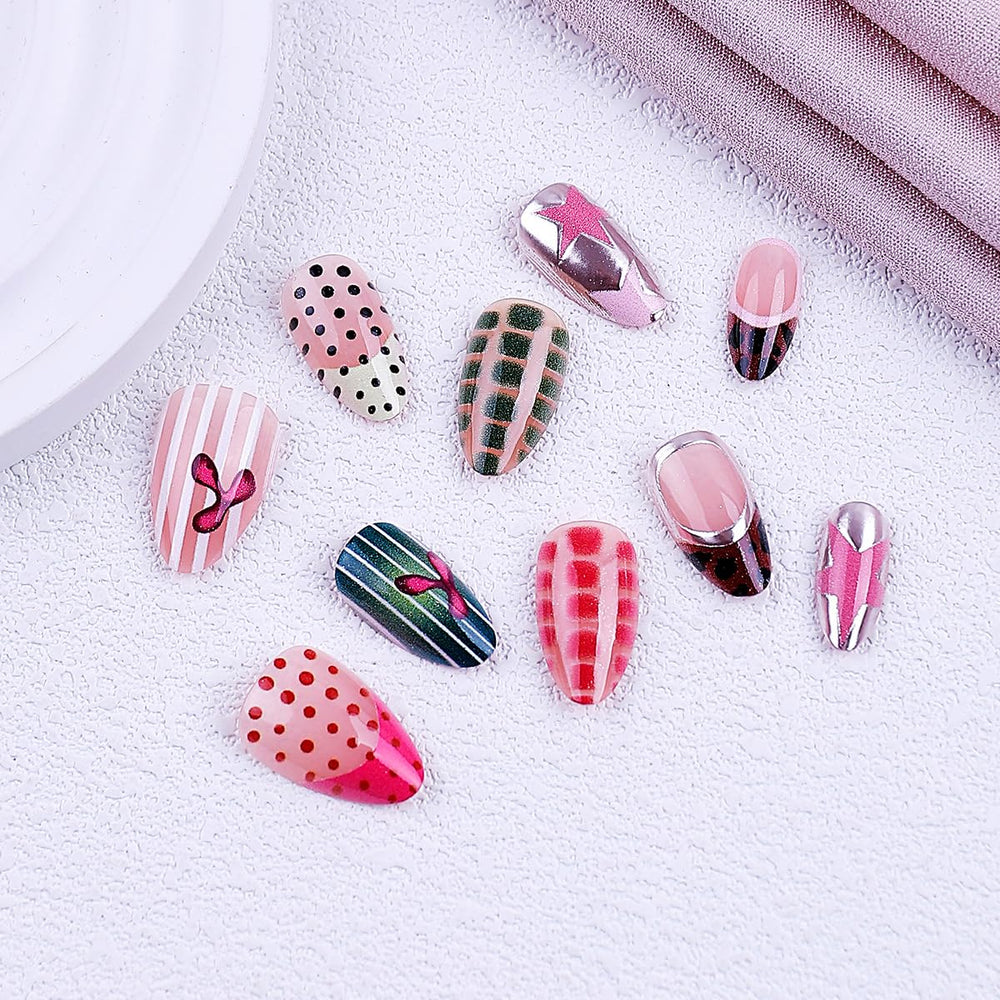 UZJXQ model pressing a medium almond nail on demonstrating fast, secure application