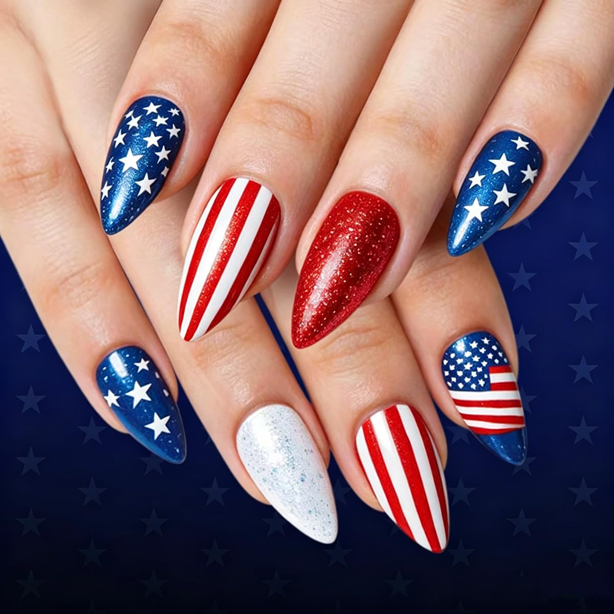 UZJXQ front packaging showing 24 patriotic press-on nails and tools for quick application