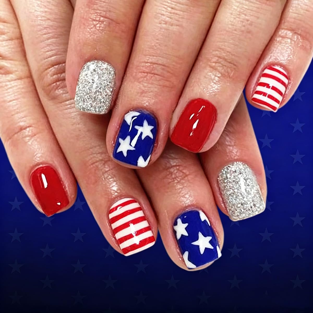 UZJXQ front packaging showing patriotic press-on nails and included tools for quick manicure