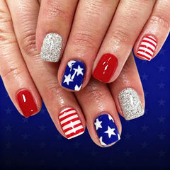 UZJXQ front packaging showing patriotic press-on nails and included tools for quick manicure