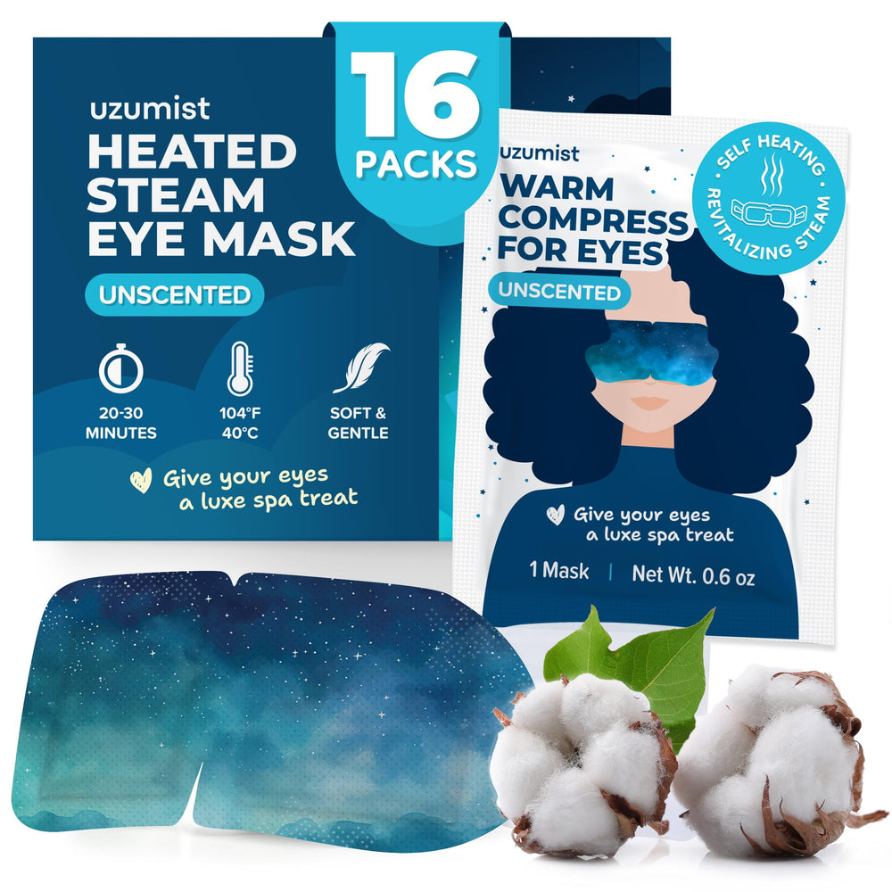 Uzumist front packaging showing 16 warm eye masks and benefits