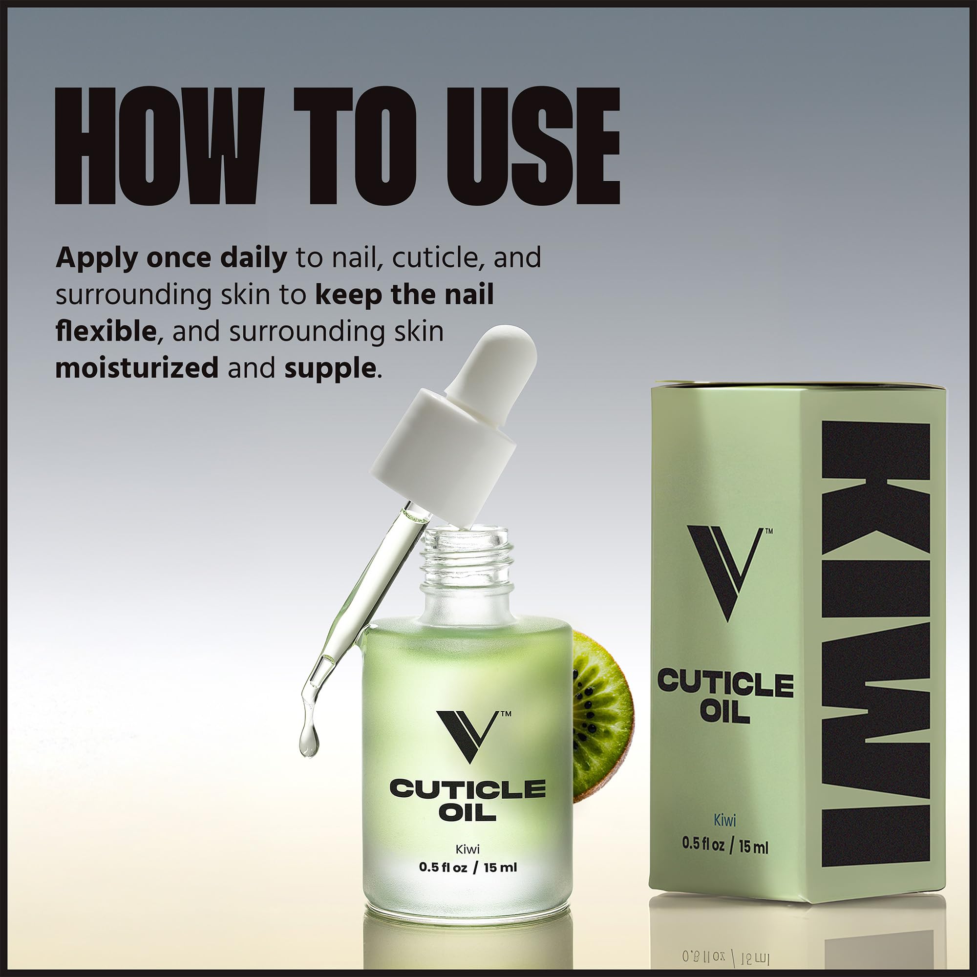 V Beauty Pure bottle beside manicured hand in salon setting, conveys professional finish benefit