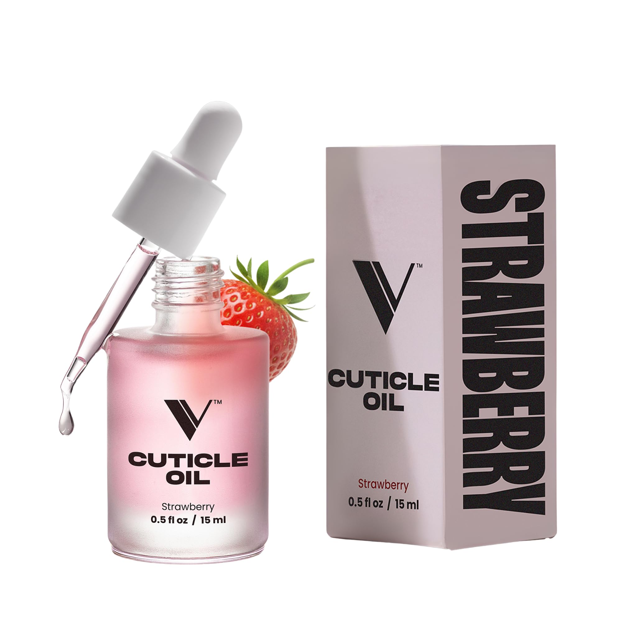 V Beauty Pure front bottle view shows compact strawberry-scented oil