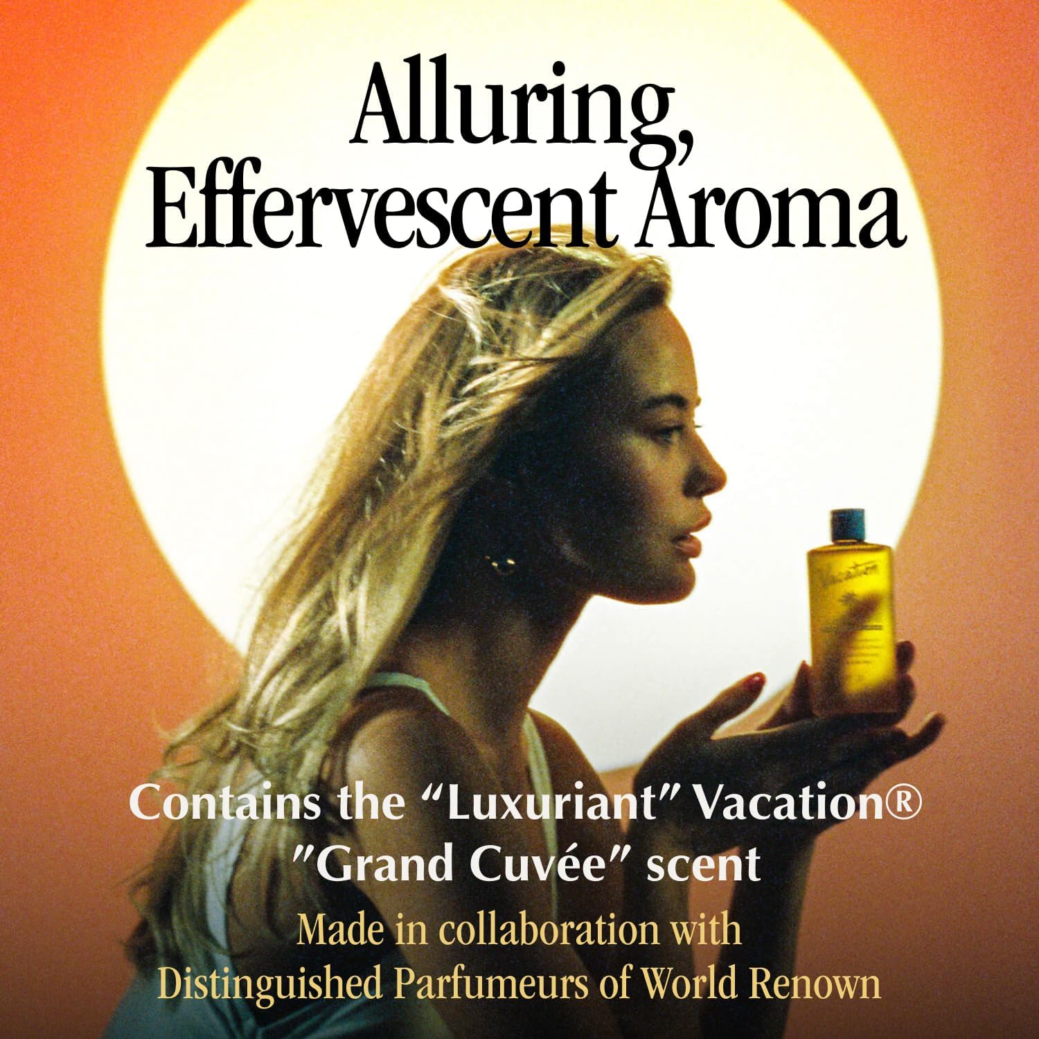 VACATION label detail showing ingredient list and SPF 30 clarity