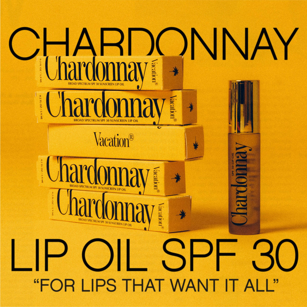 VACATION Chardonnay lip oil applicator close-up highlighting smooth, precise application