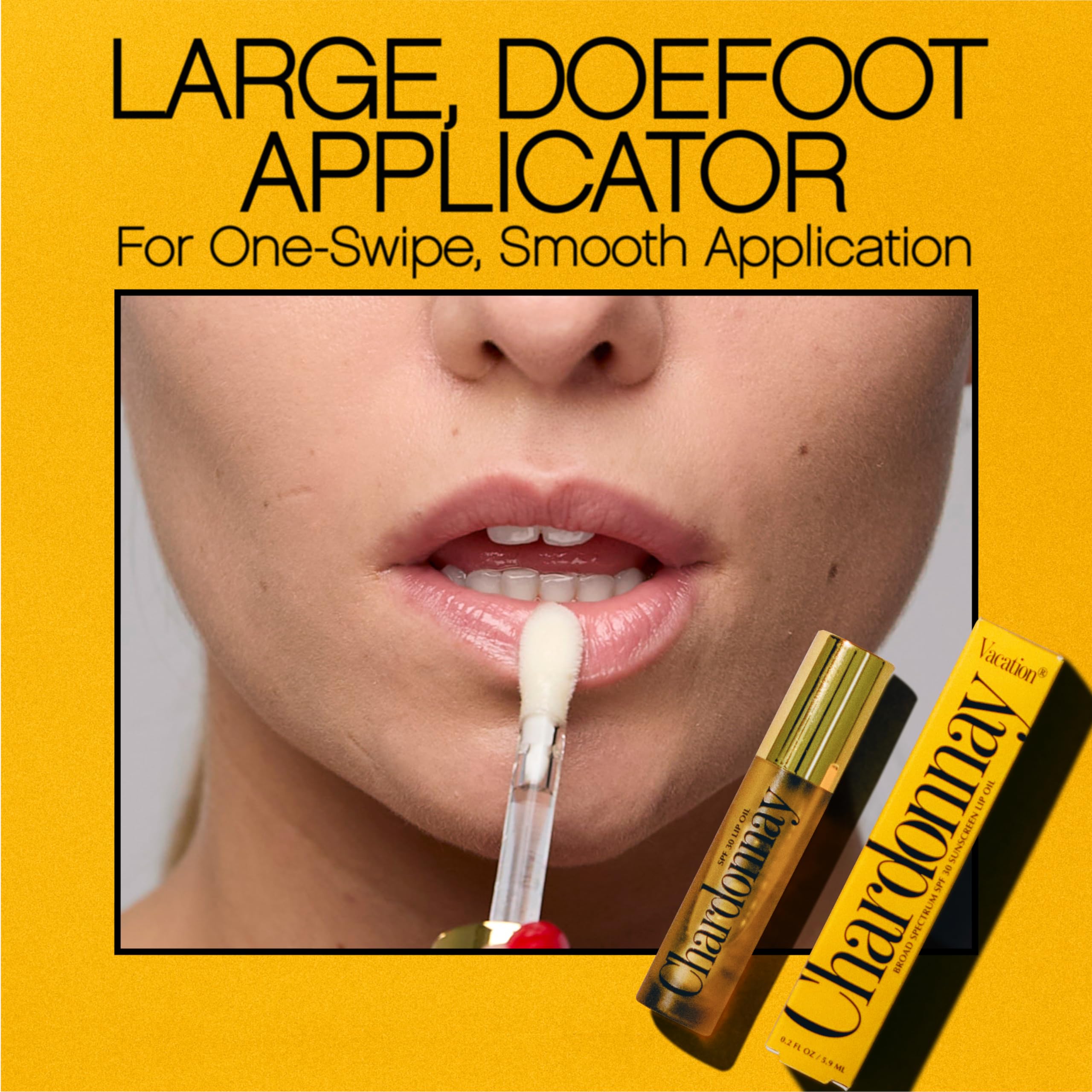 VACATION Chardonnay lip oil on lips lifestyle shot adding shine and subtle plump look