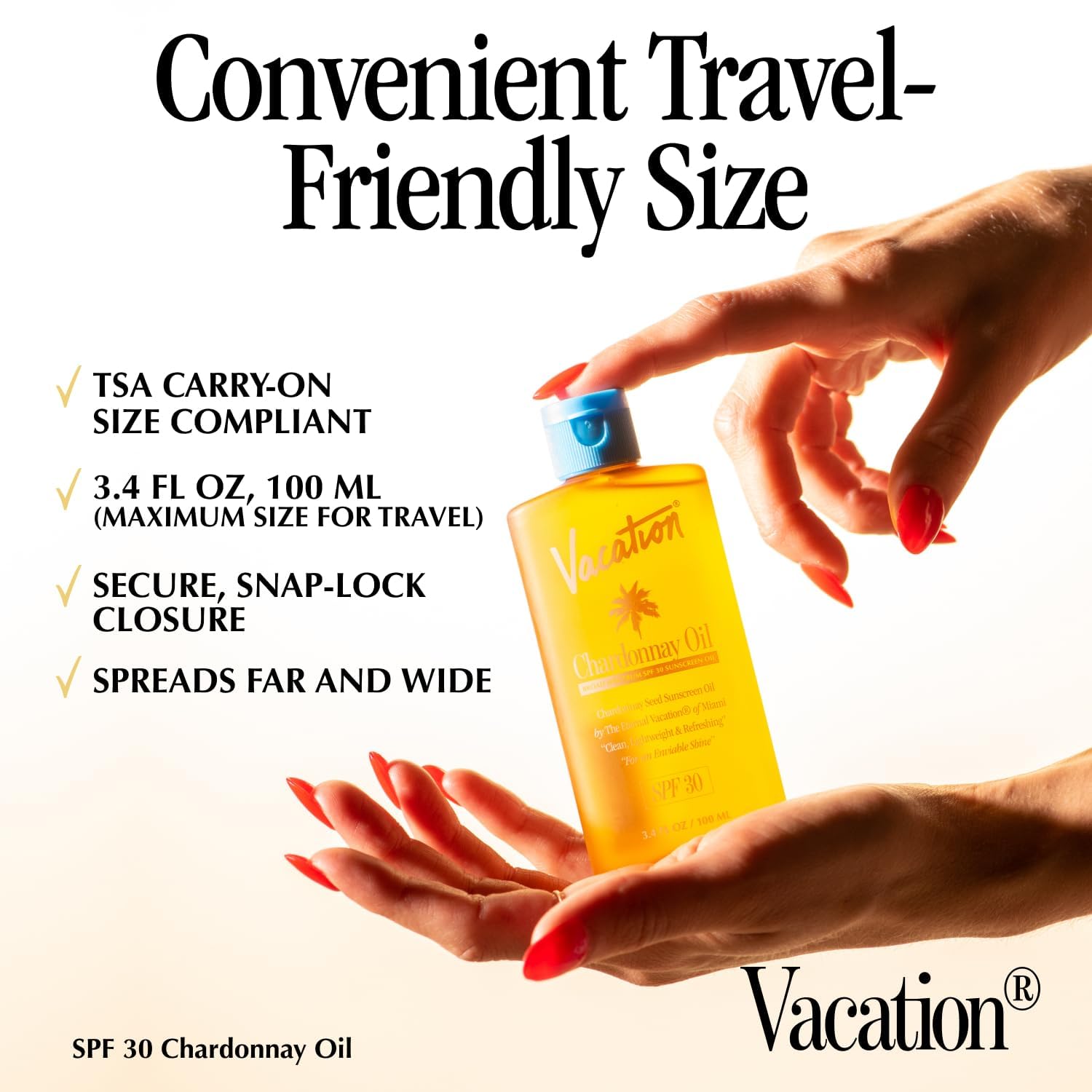 VACATION oil texture closeup highlighting lightweight hydrating finish