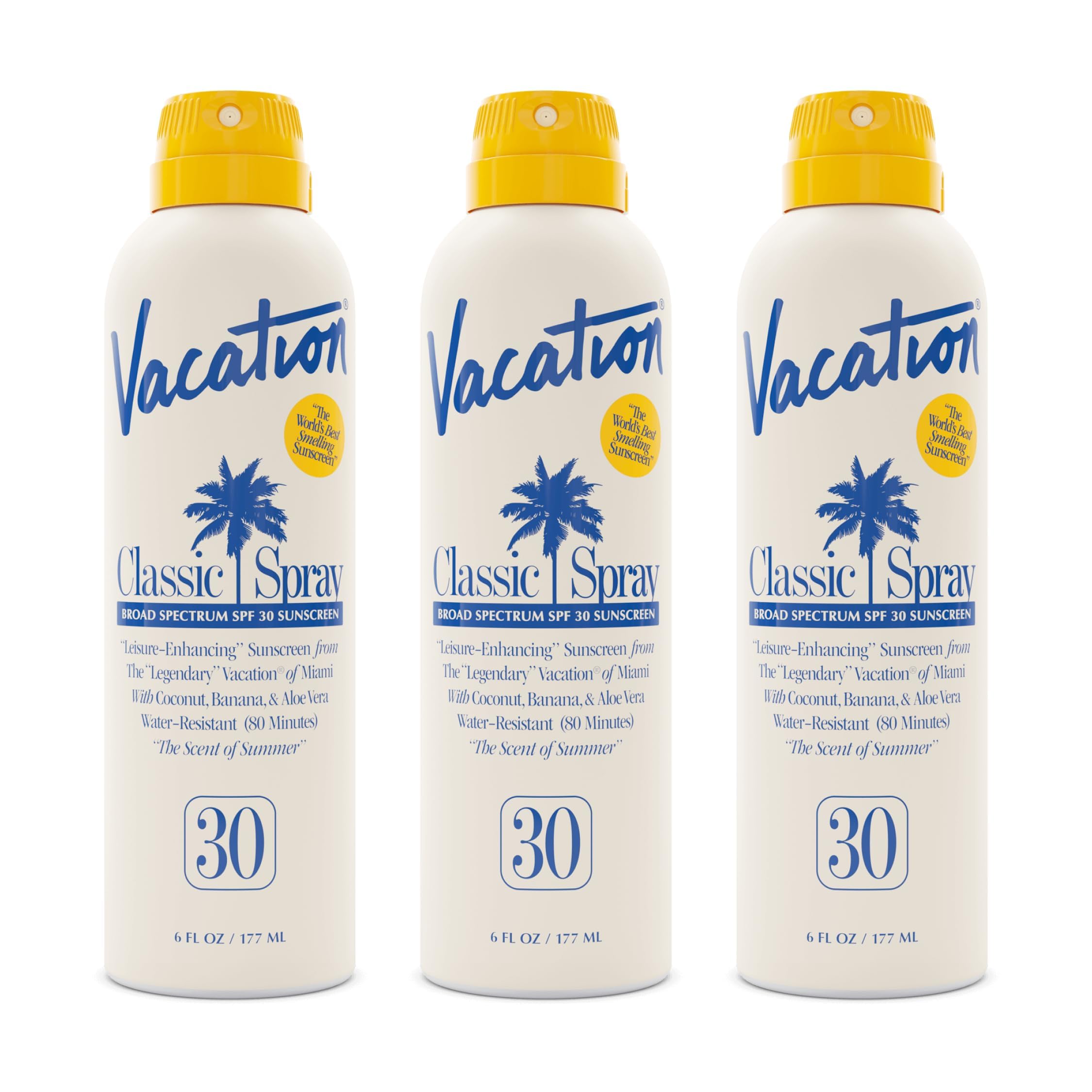 VACATION front packaging showing SPF 30 and pack of three for easy refill