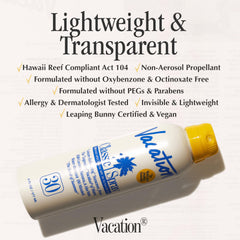 VACATION bottle on beach towel illustrating travel-ready sun care convenience