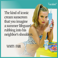VACATION sunscreen on towel at beach illustrating water-resistant use