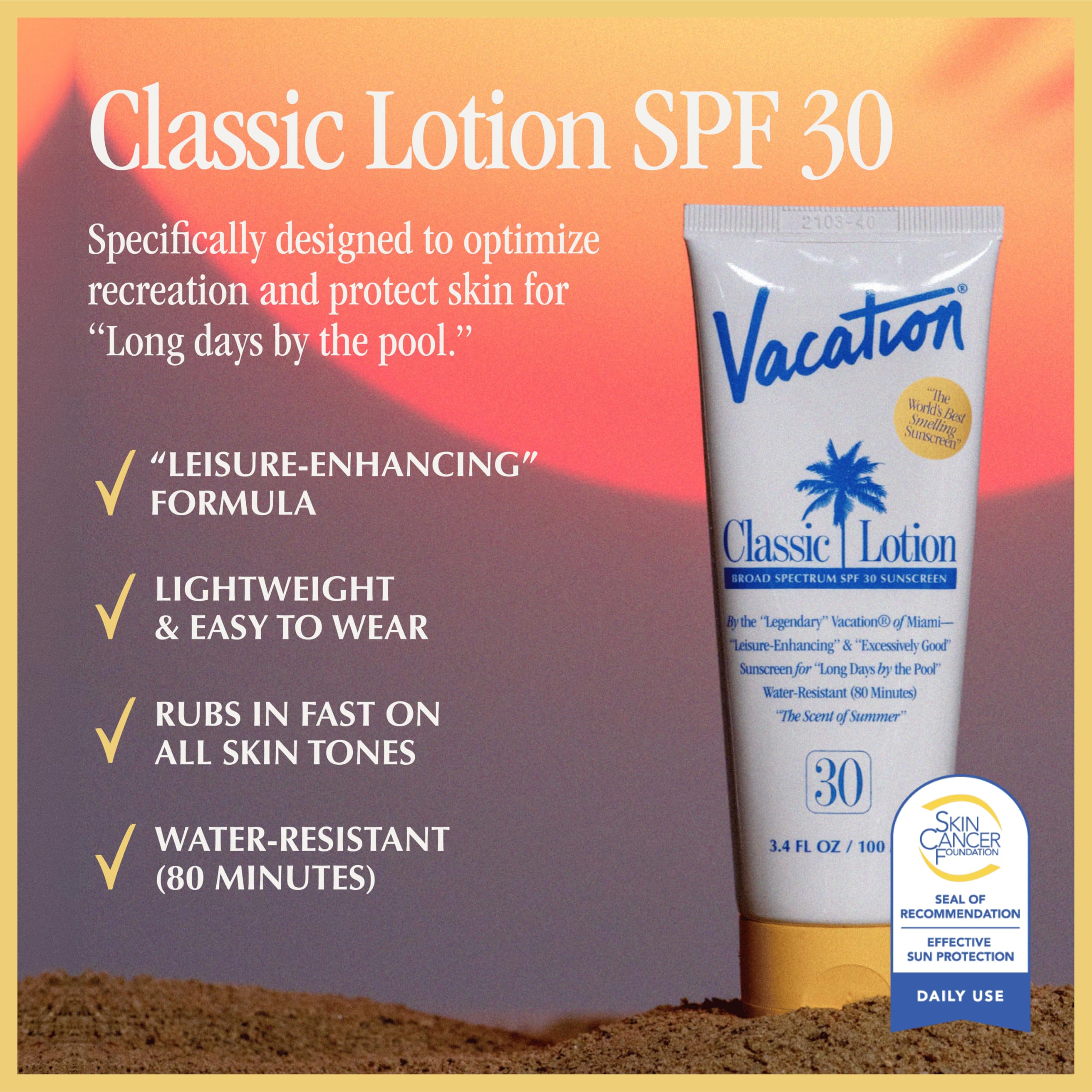 VACATION close-up lotion texture demonstrating fast-absorbing finish
