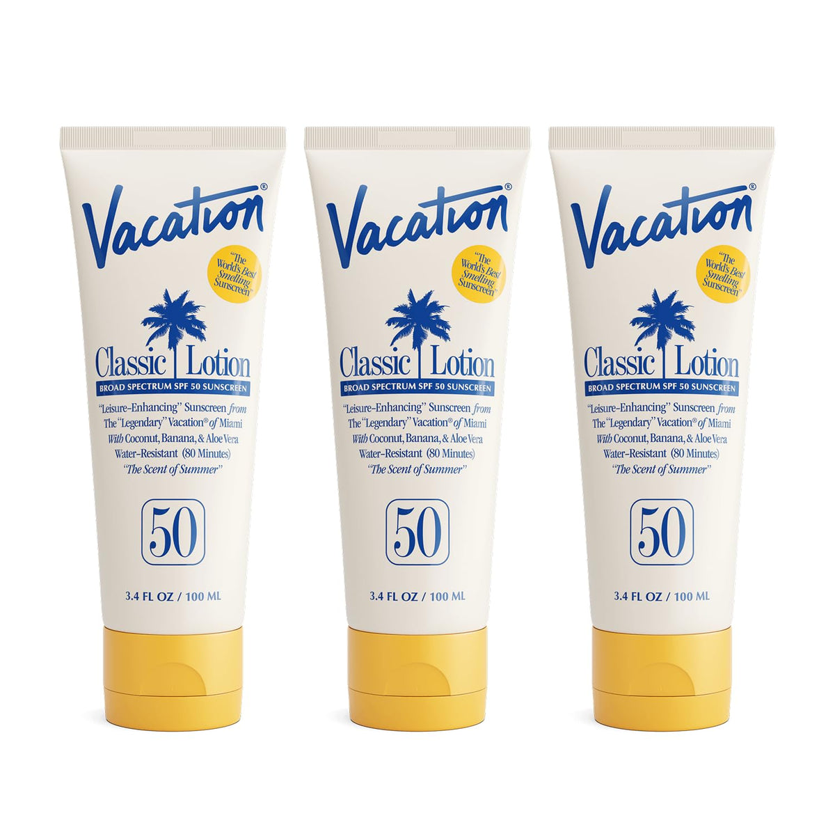 VACATION front packaging showing SPF 50 and travel pack benefit
