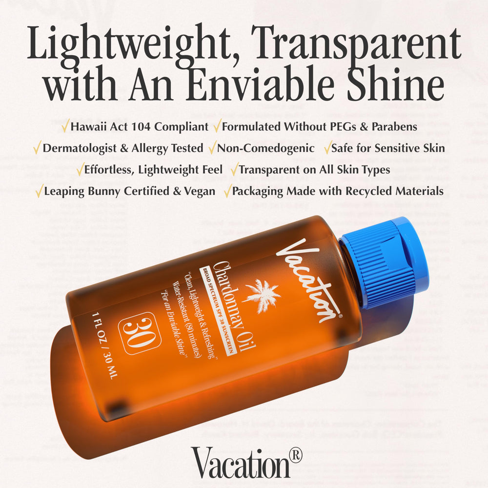 VACATION applying oil to forearm demonstrating invisible finish and hydration