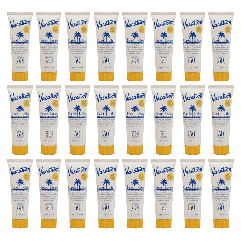 VACATION front packaging showing 24 mini tubes and easy travel protection