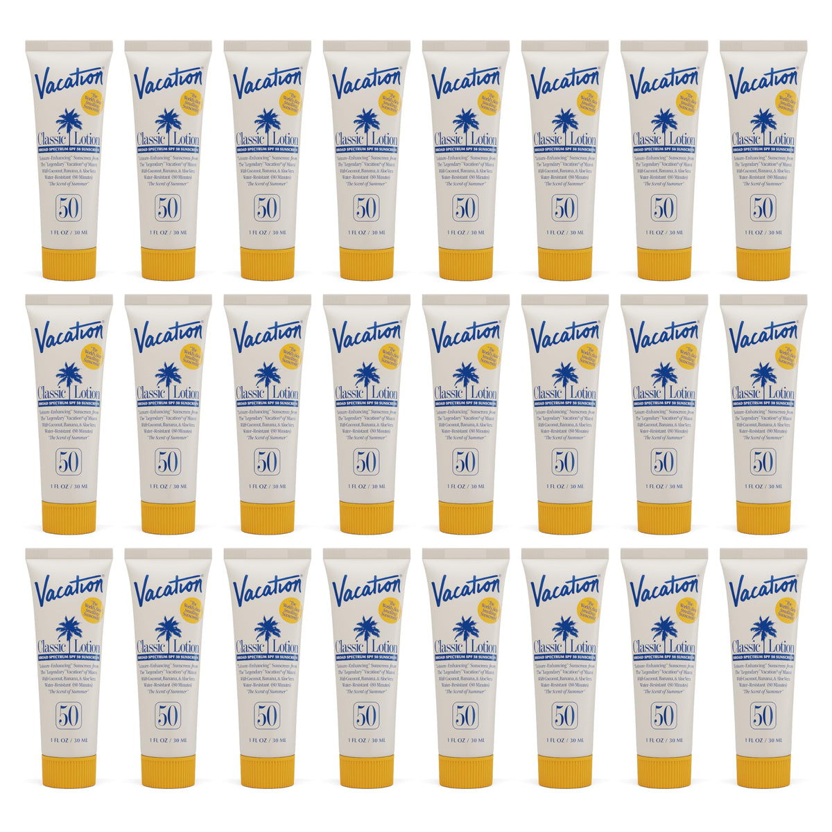 VACATION front packaging showing 24 mini tubes and easy travel protection