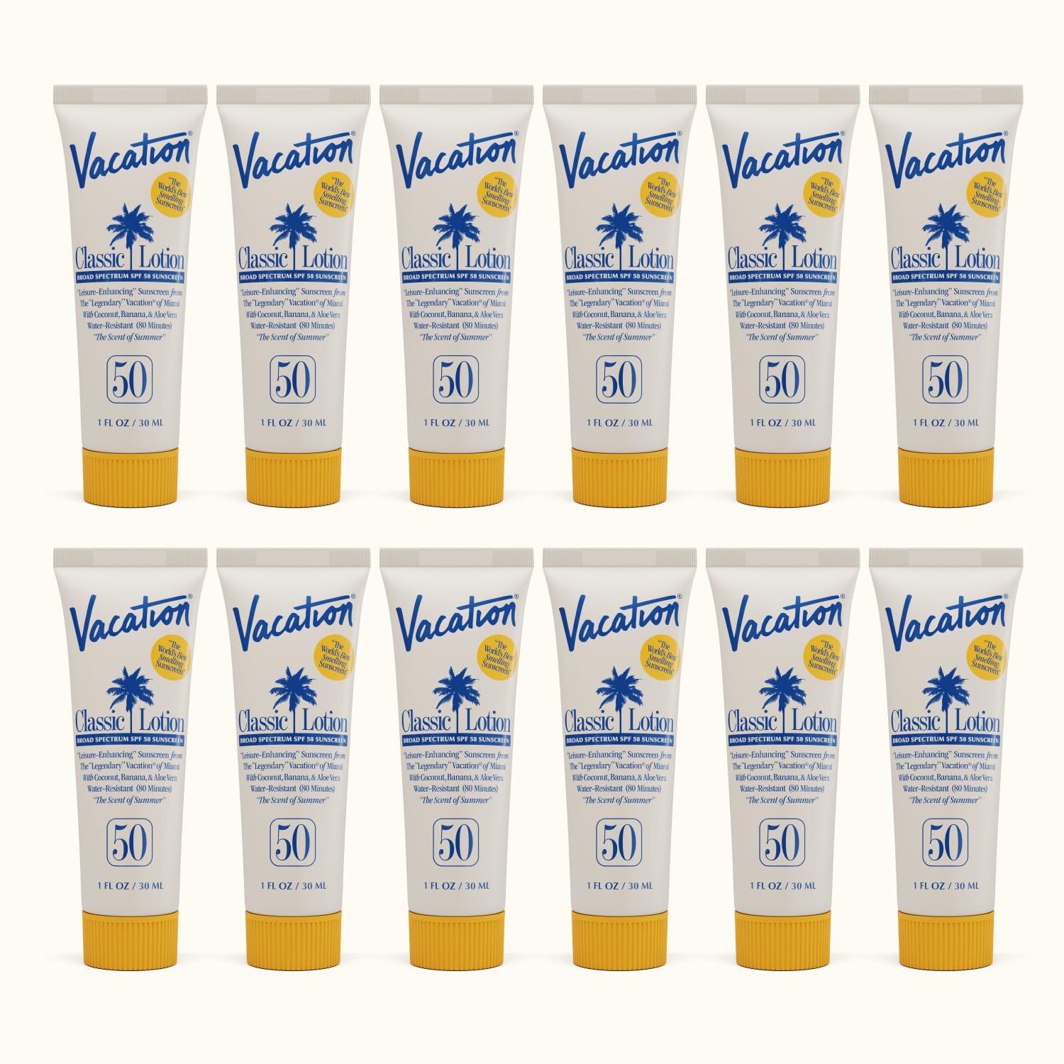 VACATION front packaging showing mini SPF 50 tubes and portable protection