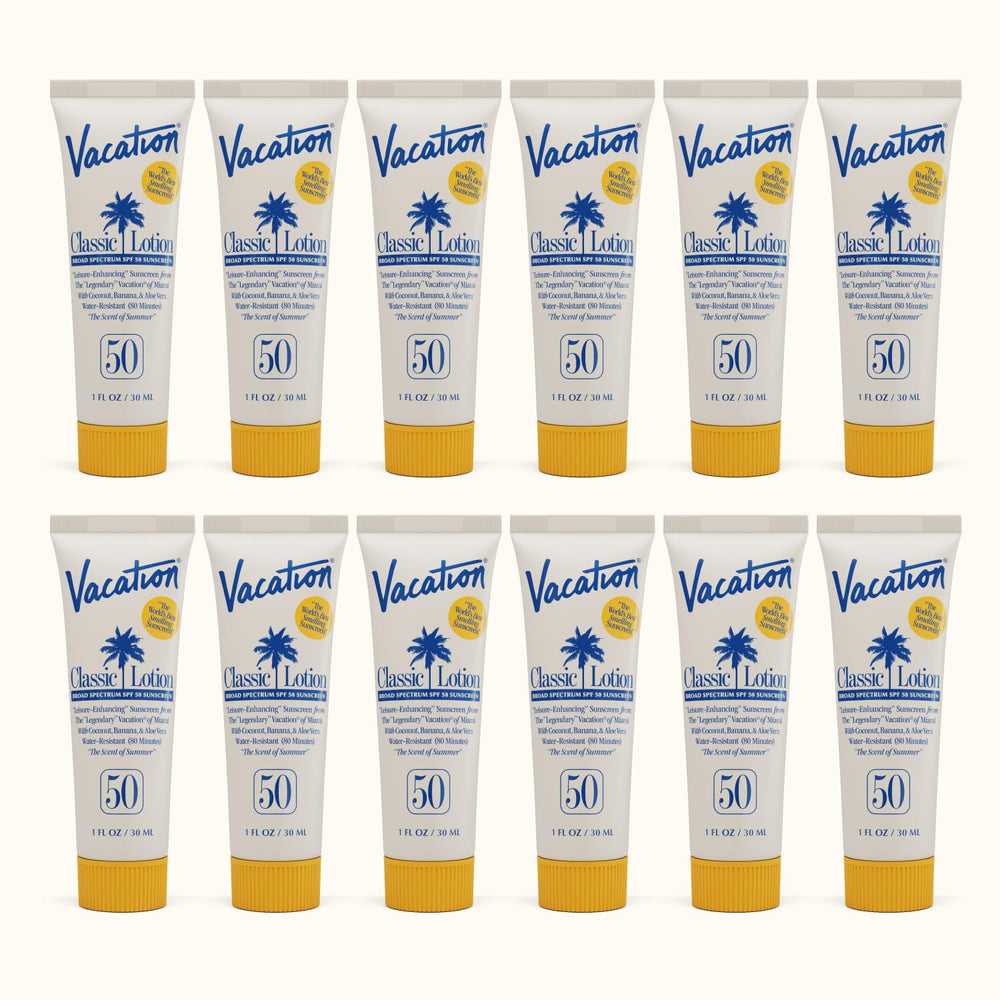 VACATION front packaging showing mini SPF 50 tubes and portable protection