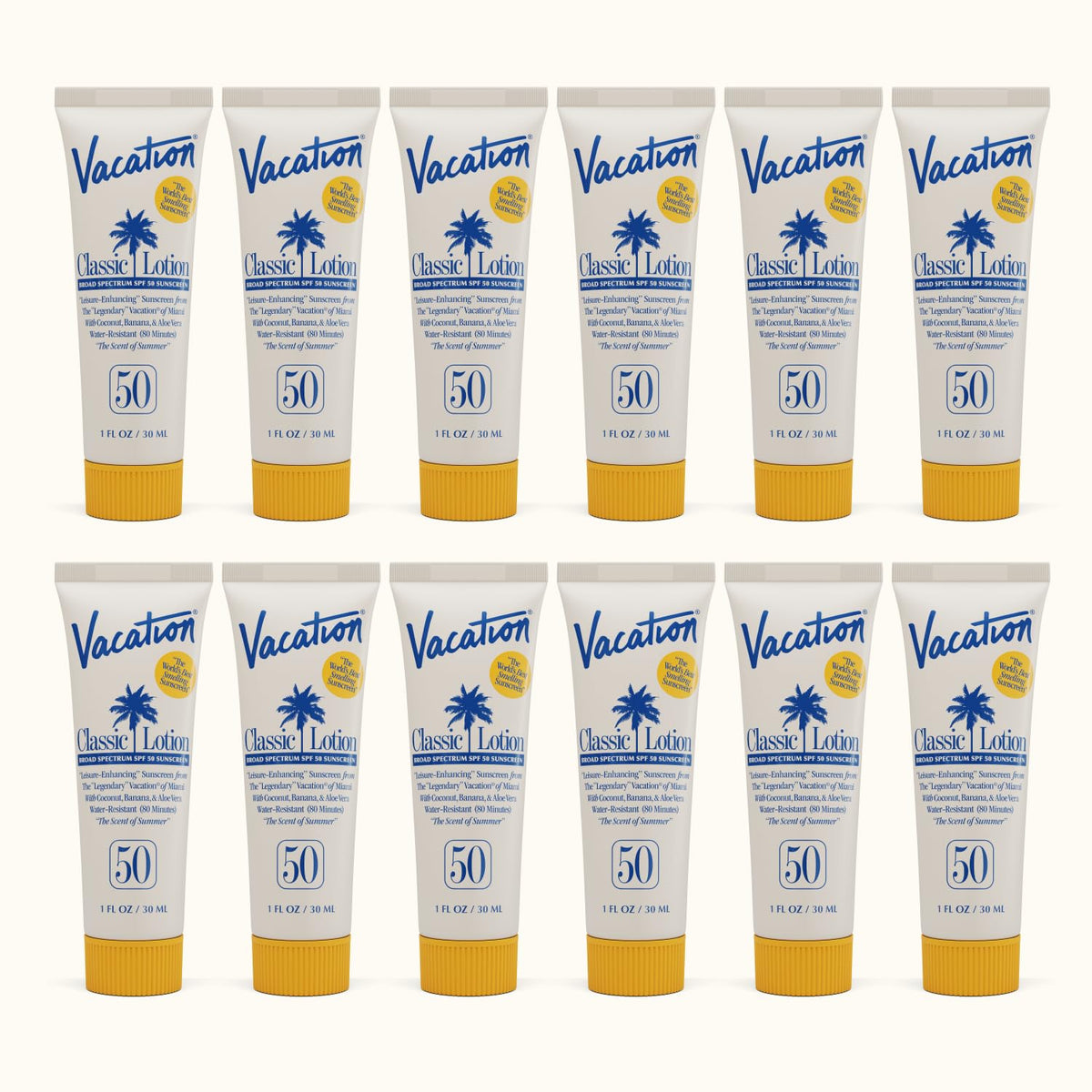 VACATION front packaging showing mini SPF 50 tubes and portable protection