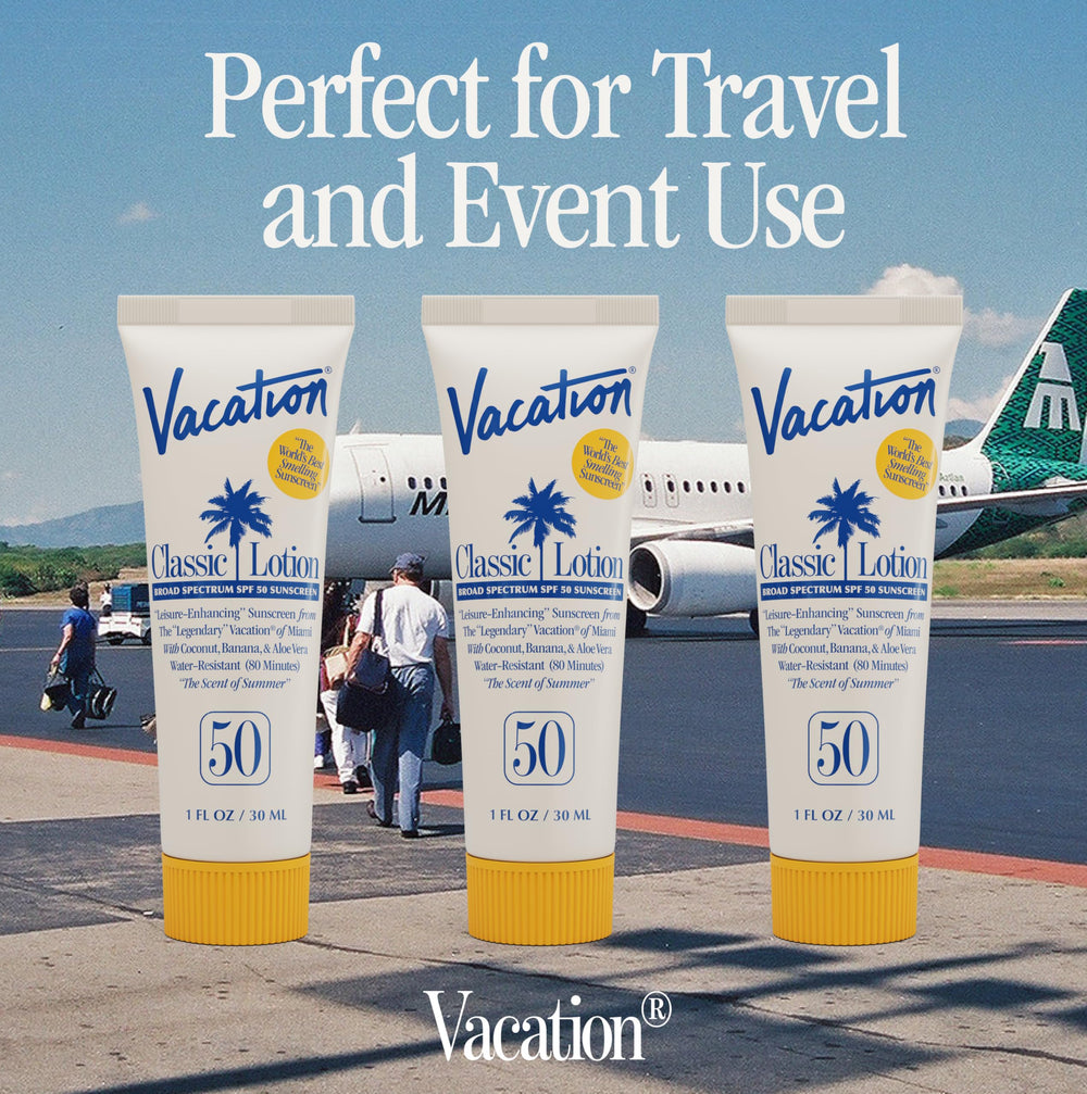 VACATION tube next to a palm to display compact 1 fl oz travel size