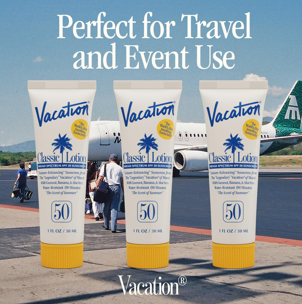 VACATION tube being placed in a travel bag for on-the-go reapplication