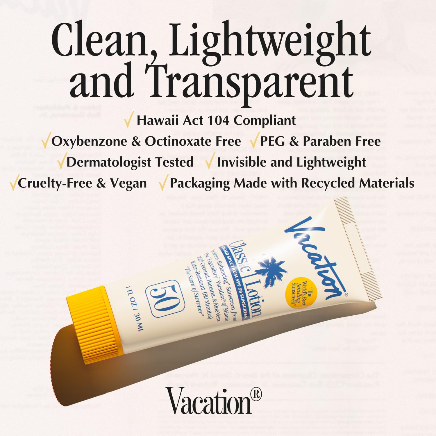 VACATION lotion texture swatch showing quick-absorbing, non-greasy finish