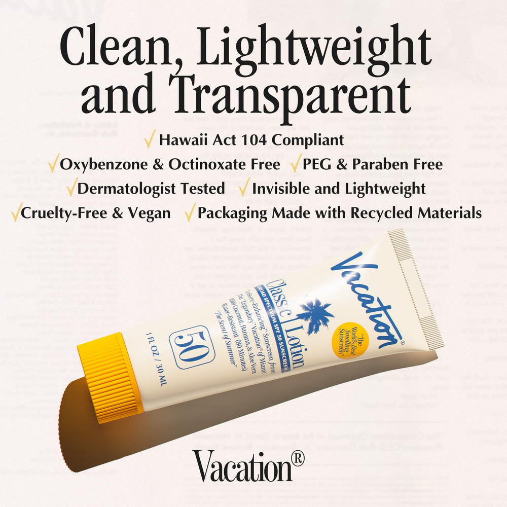 VACATION lotion texture swatch showing quick-absorbing, non-greasy finish
