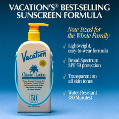 VACATION pump dispensing sunscreen for fast, mess-free application benefit