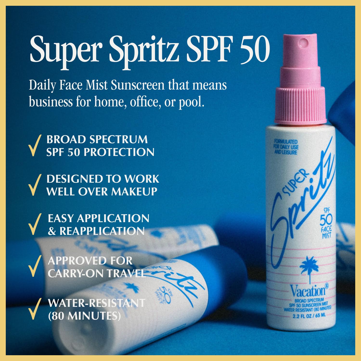 VACATION Super Spritz ultra-fine mist closeup delivering even, makeup-safe coverage