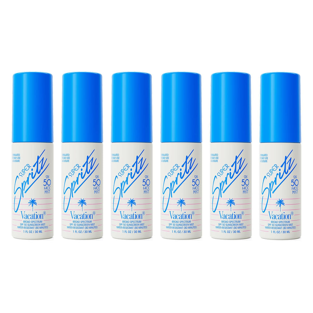 VACATION front packaging showing six 1oz Super Spritz bottles for easy travel