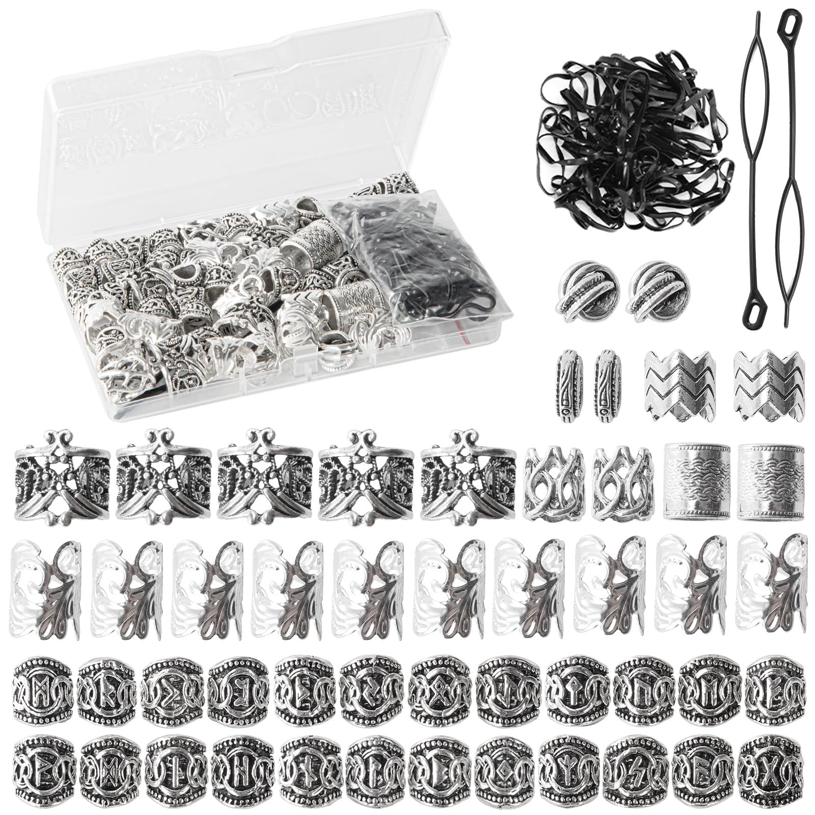 Vaikby front packaging showing full 81-piece Viking hair beads set and benefits