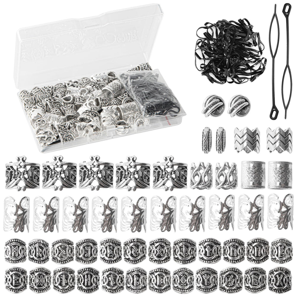 Vaikby front packaging showing full 81-piece Viking hair beads set and benefits